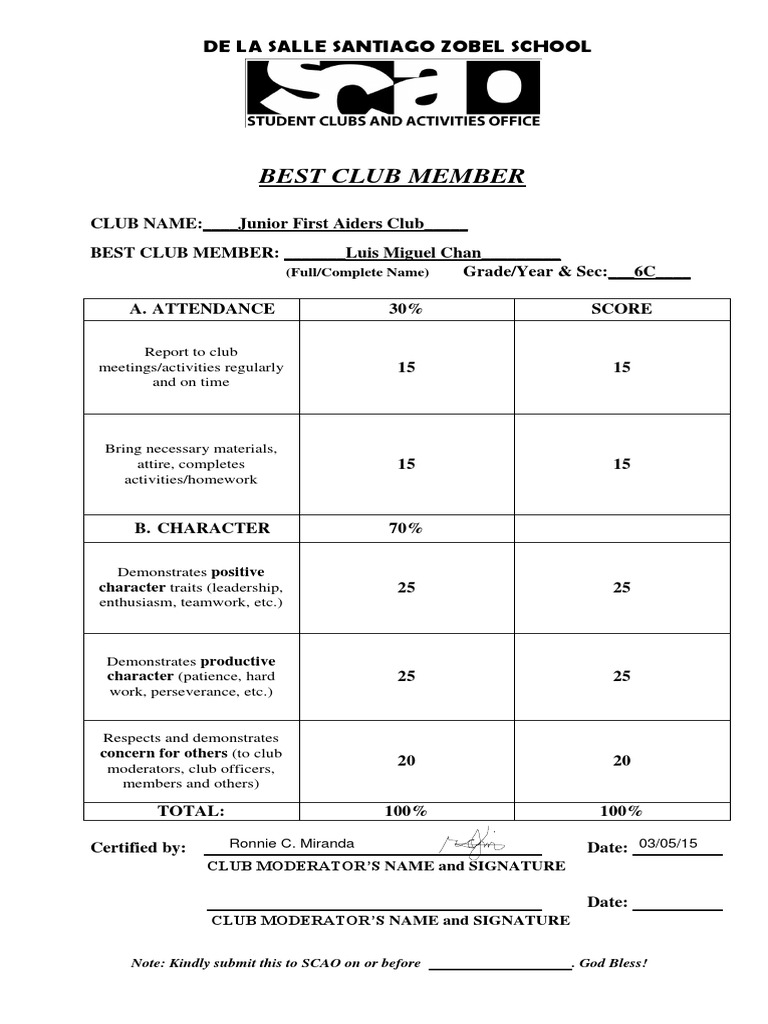 Best Club Member Award Certificate | PDF