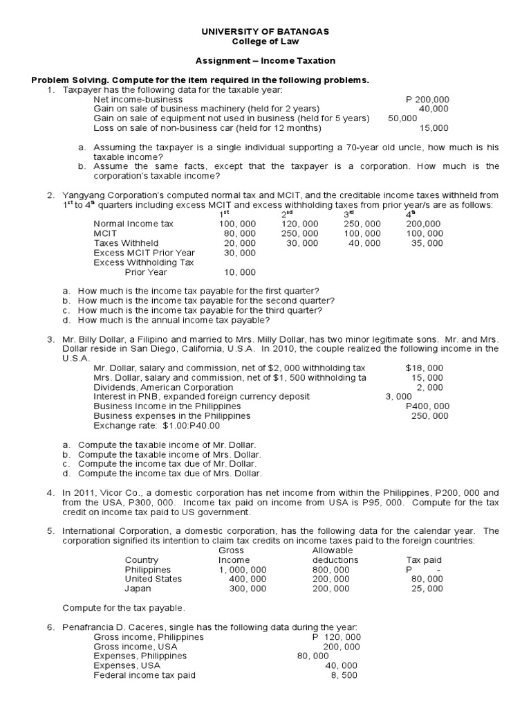 Income Taxation Assignment Solutions | PDF | Income Tax In The United ...