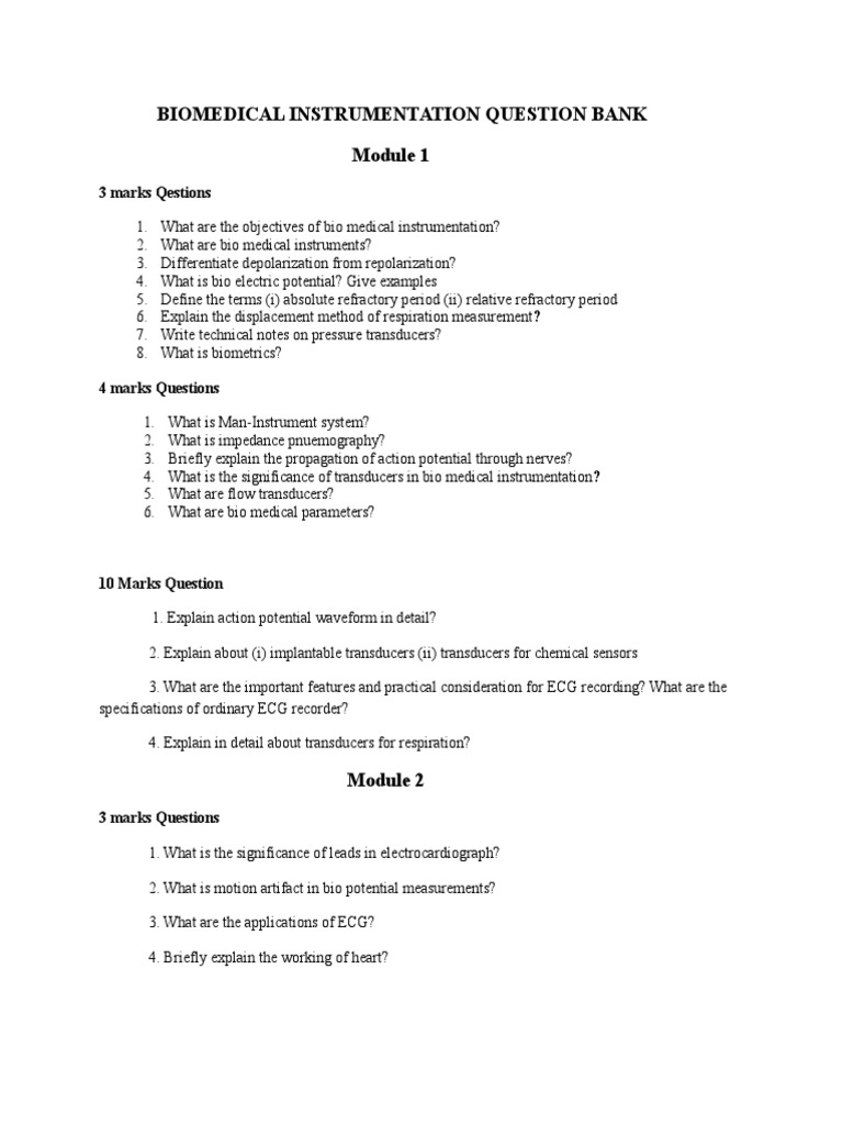 Biomedical Instrumentation Question Bank: 3 Marks Qestions | PDF