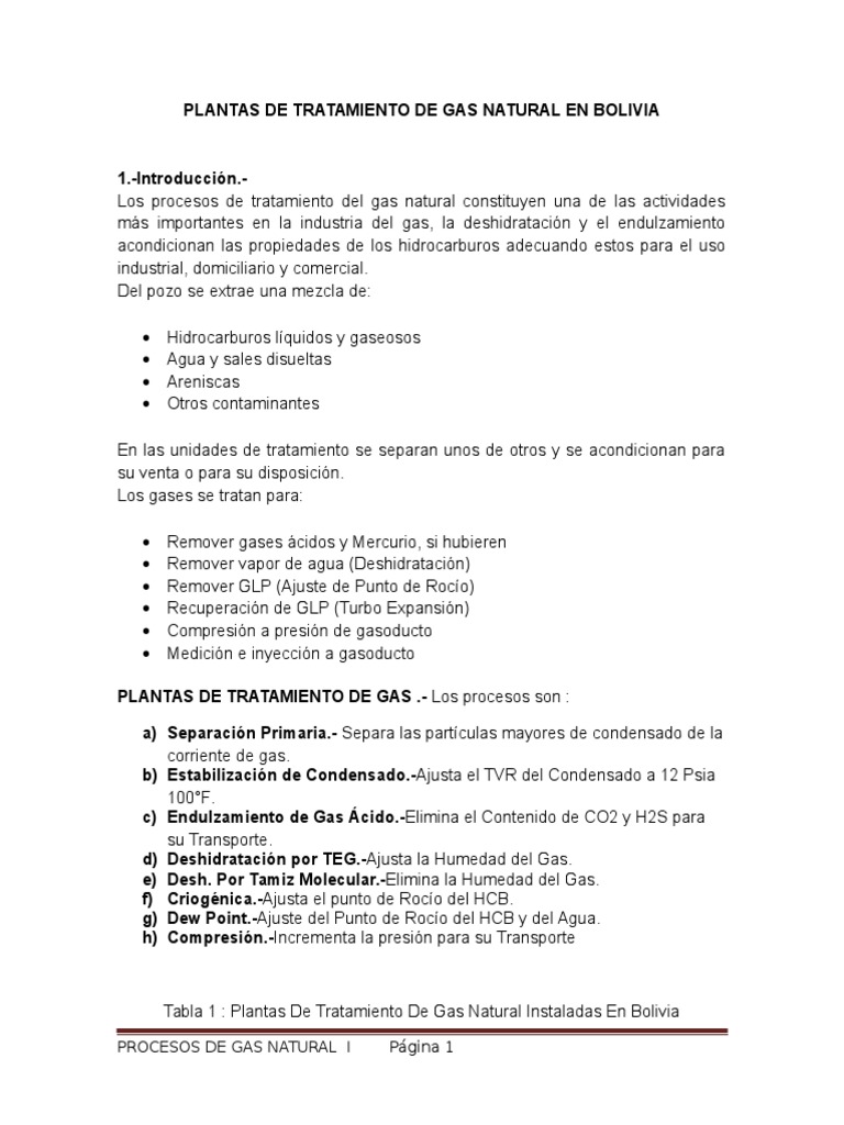 Plantas de Tratamiento de Gas Natural en Bolivia | PDF | Gas natural ...