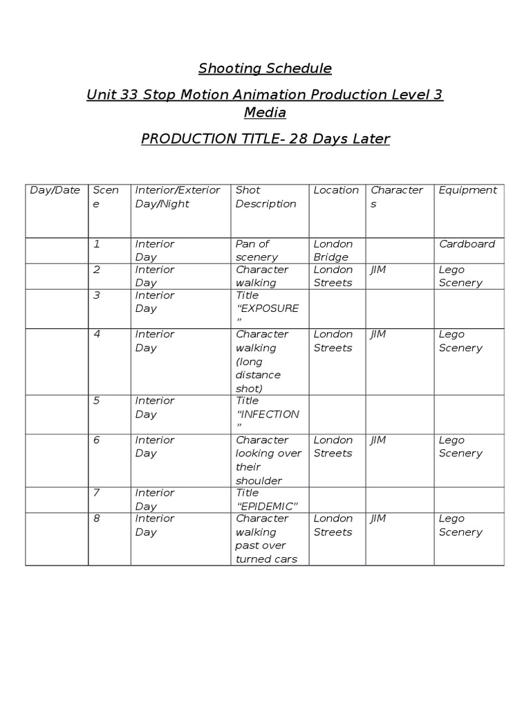 Stop Motion Animation Schedule: 28 Days Later | PDF | Games ...