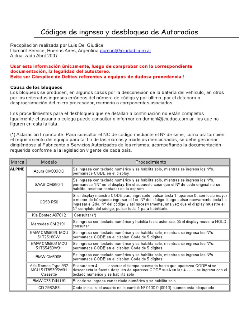 Códigos para Desbloquear Autoradios | PDF | Teclado | Fabricantes de ...