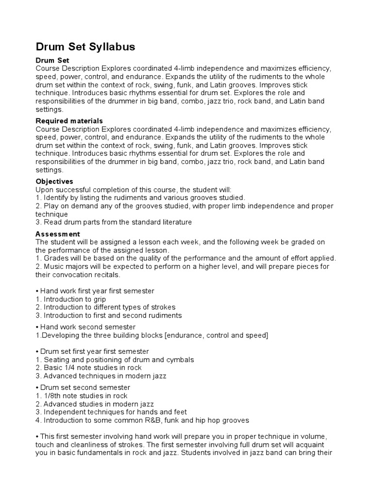 Drum Set Syllabus University PDF Drum Kit Jazz