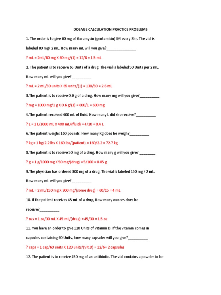 100 Dosage Calculation Practice Problems Answers Dose Biochemistry Chemistry