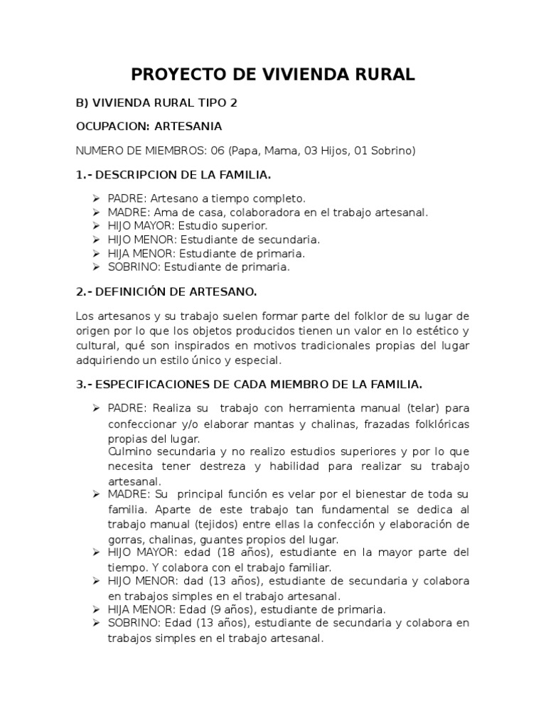 Proyecto de Vivienda Rural Artesanal | PDF