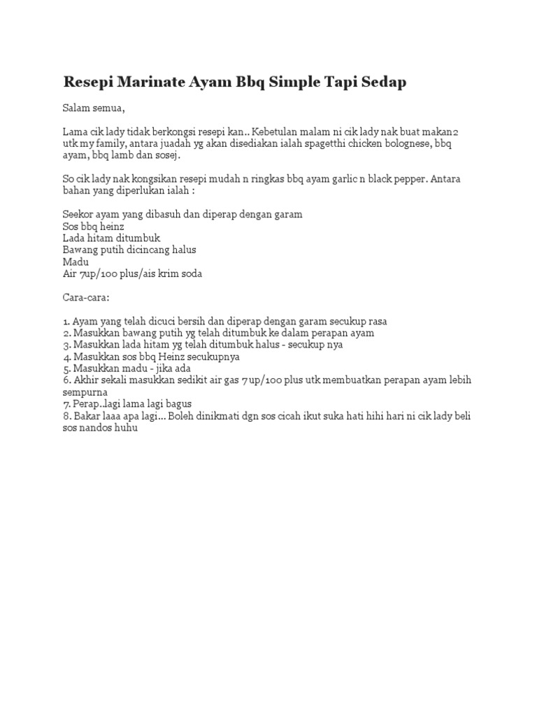 Resepi Marinate Ayam Bbq Simple Tapi Sedap Pdf