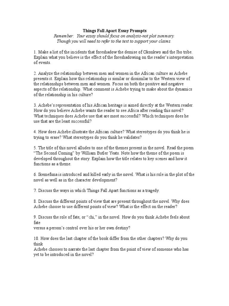 Things Fall Apart Essay Prompts | Pdf | Narration | Books
