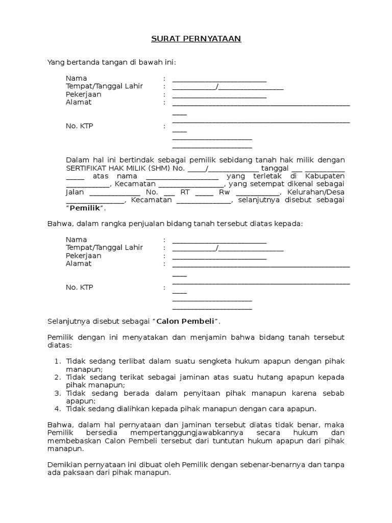 Surat Pernyataan Tanah Tidak Sengketa Pdf