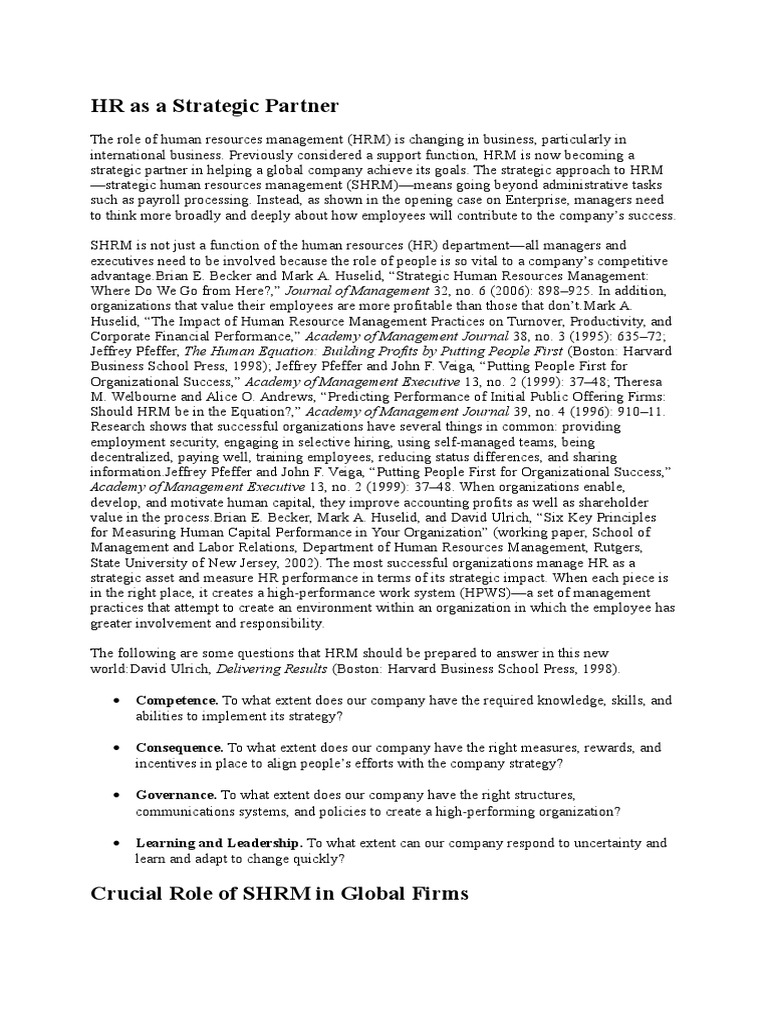 Changing Roles in Strategic Human Resources Management in International ...