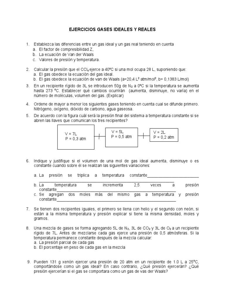 Ejercicios de Gases Ideales y Reales | PDF | Mecánica estadística | Gases