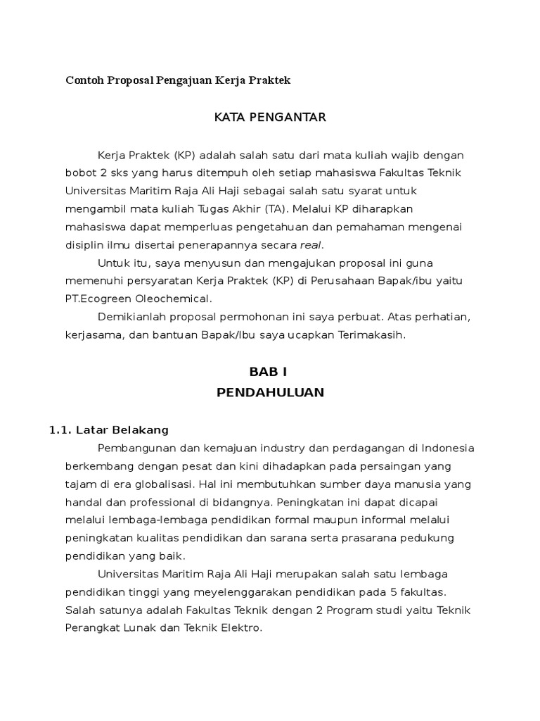 Contoh Proposal Pengajuan Kerja Praktek