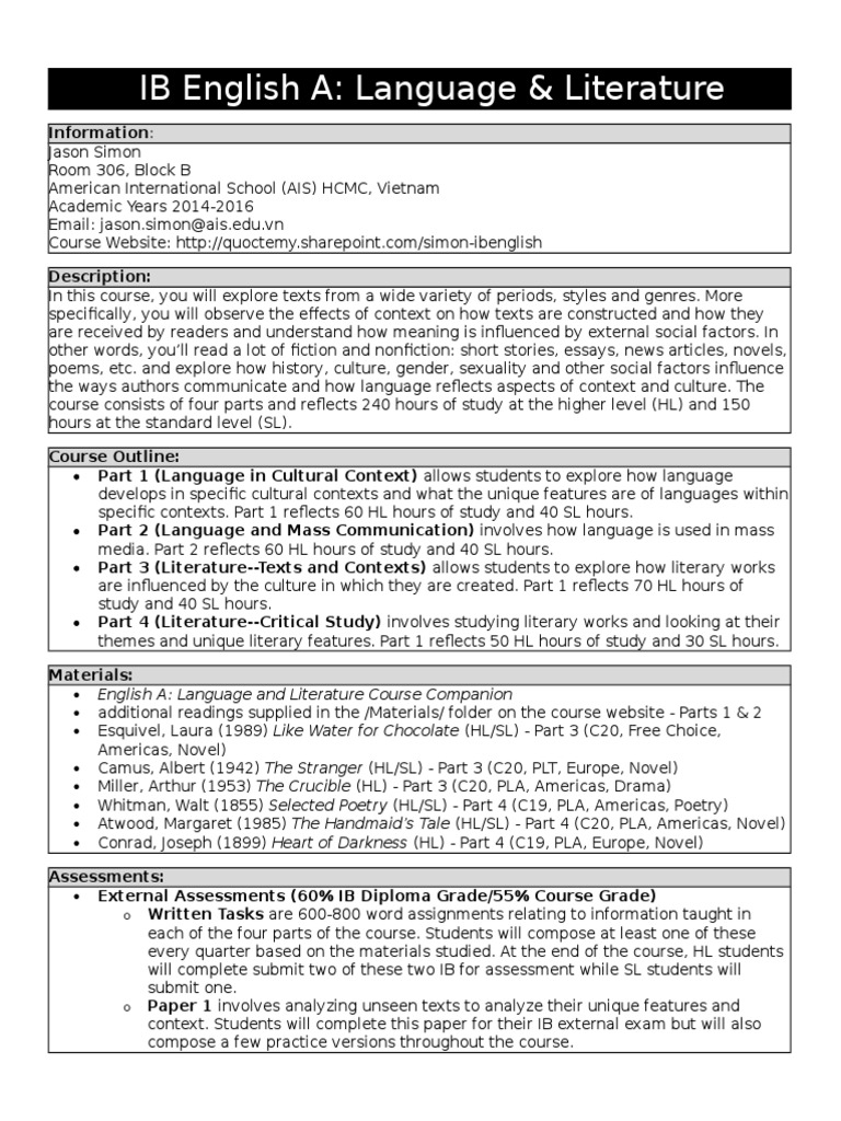 ib english a syllabus Homework Test (Assessment)