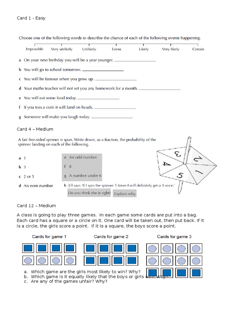 Probability Question Cards Playing Cards Probability