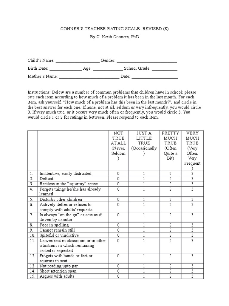 Conner's Teacher Rating Scale | PDF