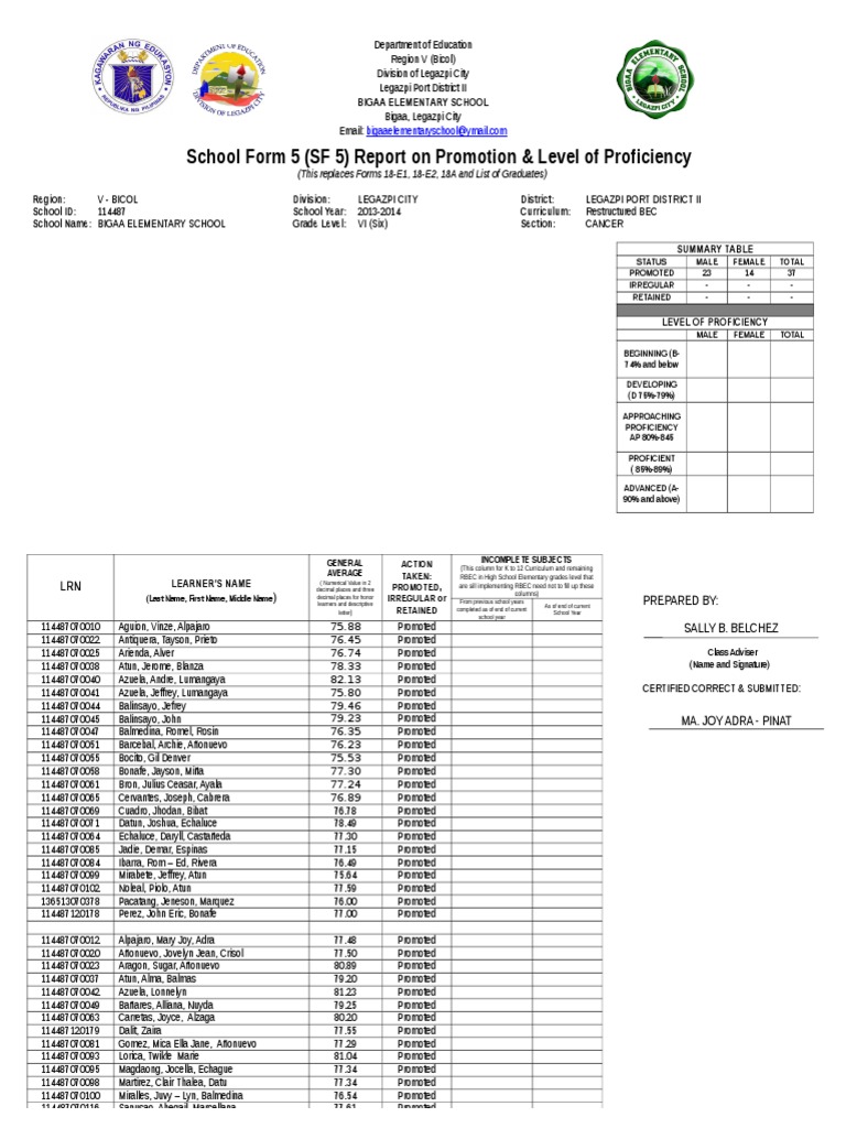 School Form 5 (SF 5) Report On Promotion & Level of Proficiency | PDF ...