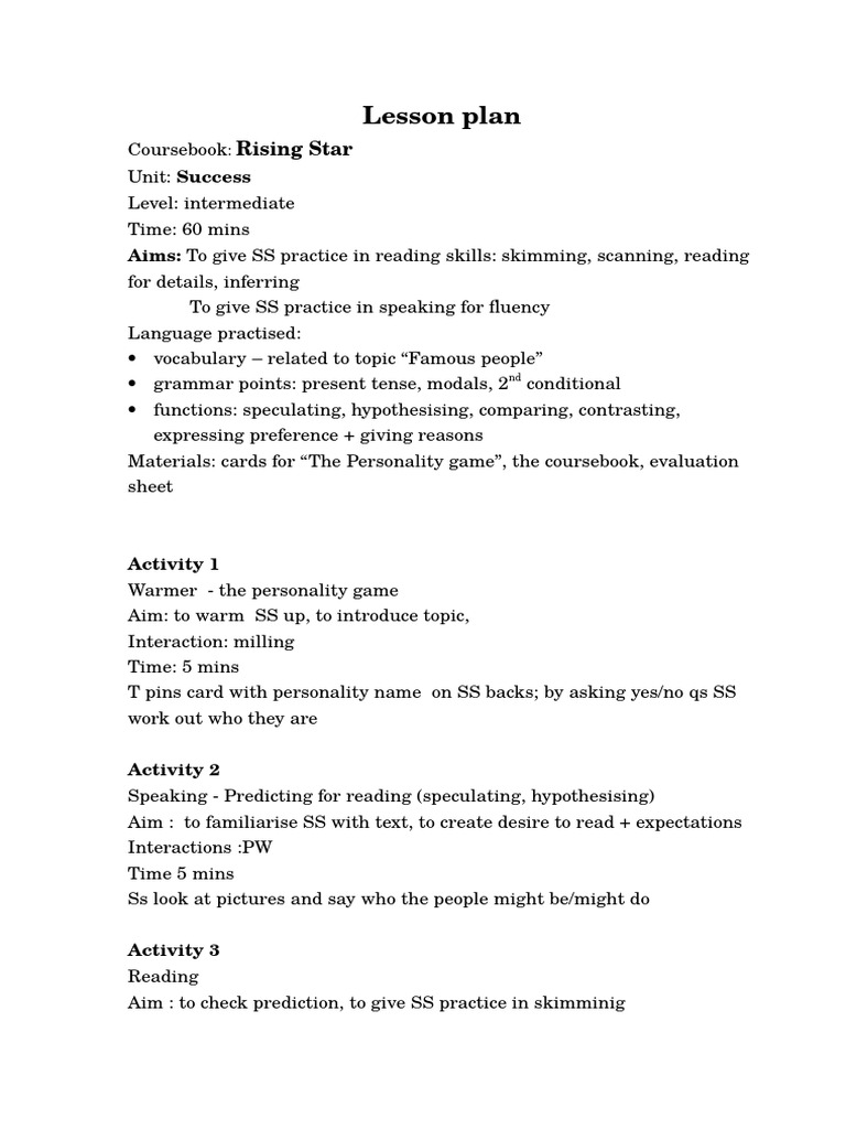 Lesson Plan - Rising Star | PDF