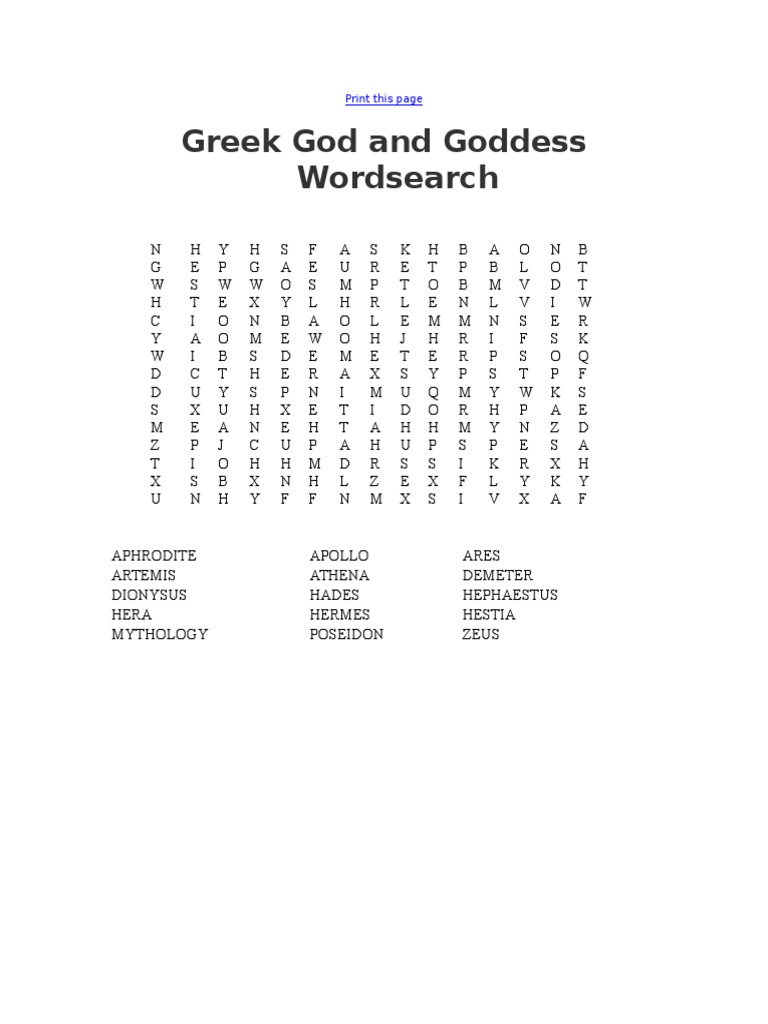 Greek God and Goddess Wordsearch Print This Page PDF