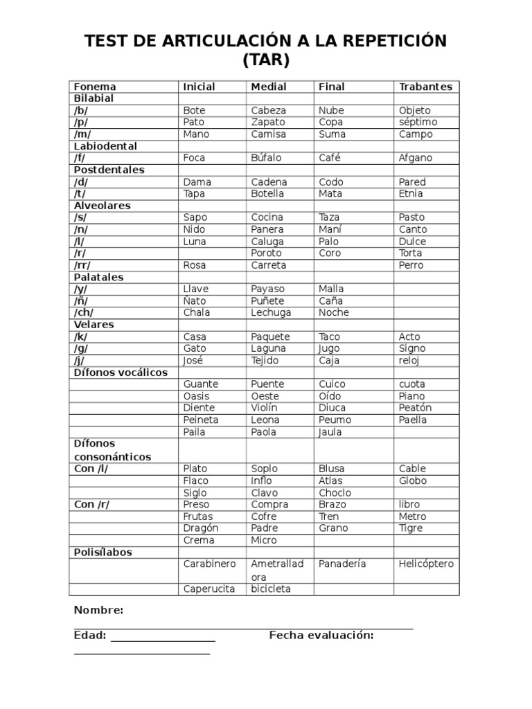 Test de Articulación A La Repetición (TAR) | PDF
