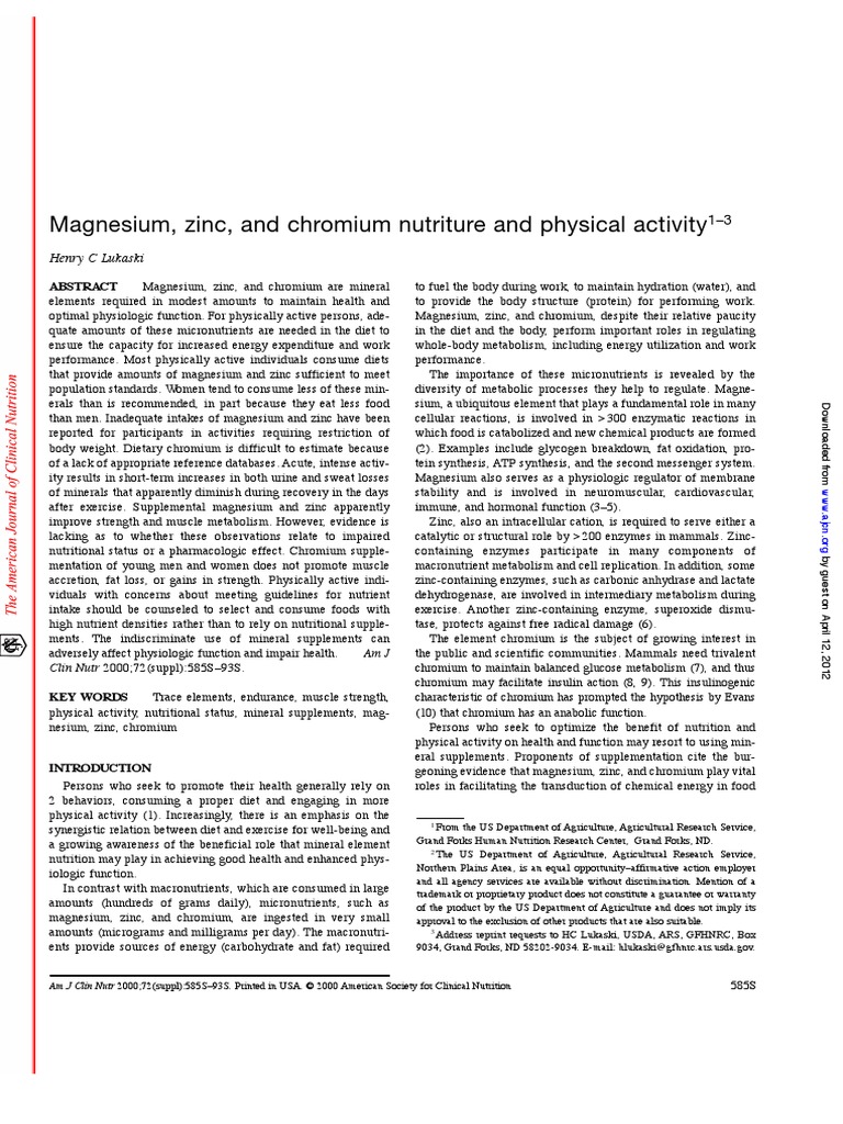 Magnesium, Zinc and Chromium PDF Magnesium Physical Exercise