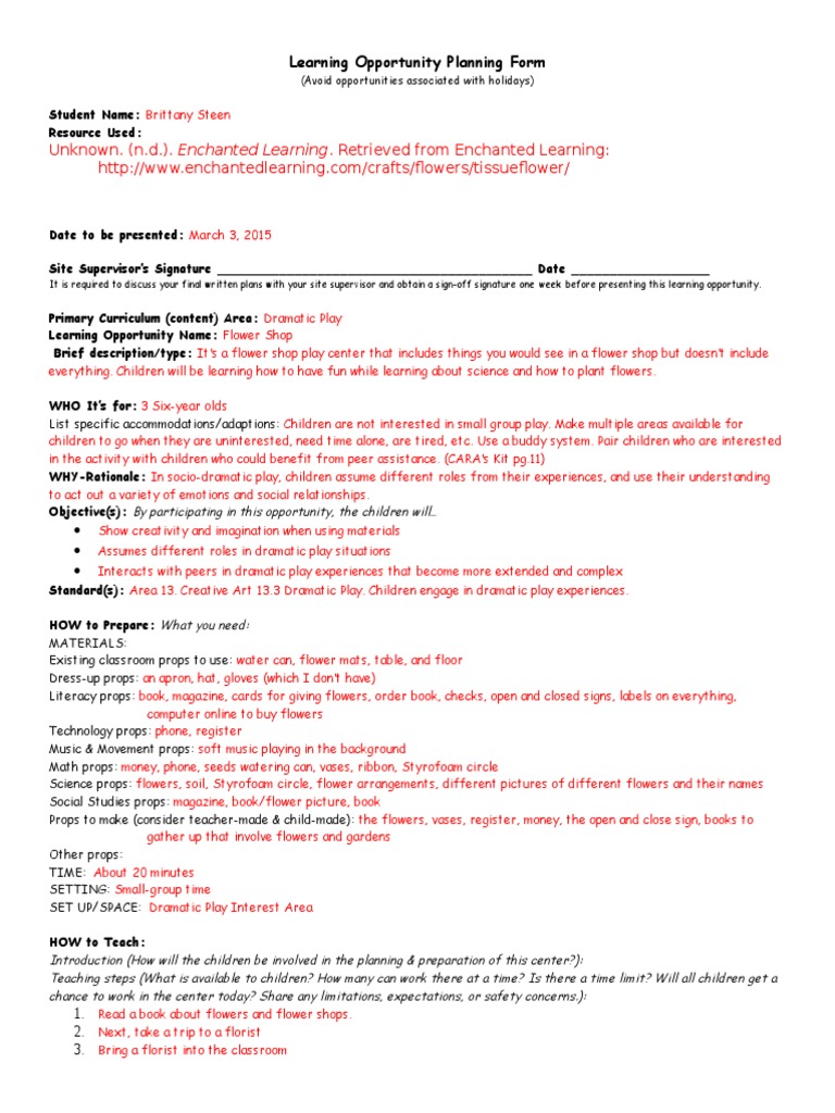 Student Dramatic Play Learning Opportunity Planing Form | PDF ...