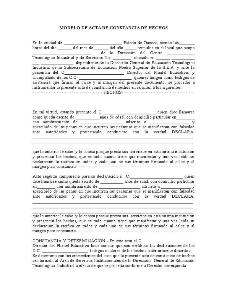 Modelo de Acta de Constancia de Hechos  Educación 