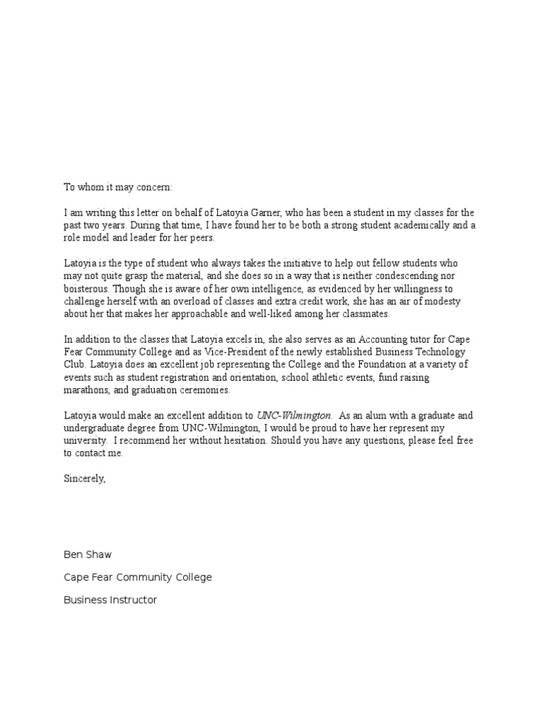 Recommendation Letter for Latoyia Garner | PDF