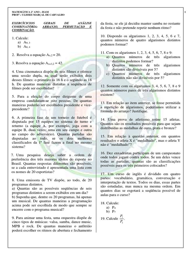 Lista - De. Exercícis - Arranjo.permutação - Combinação | PDF | Cartas ...