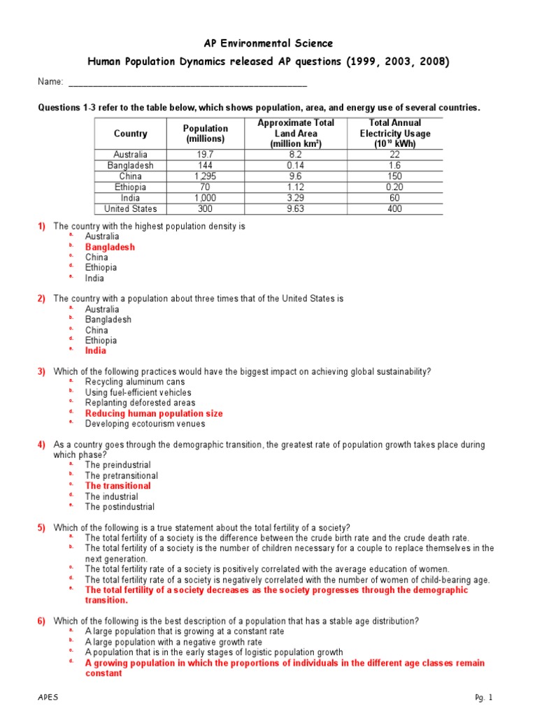 Human Population Test Review Answers Population Growth World Population
