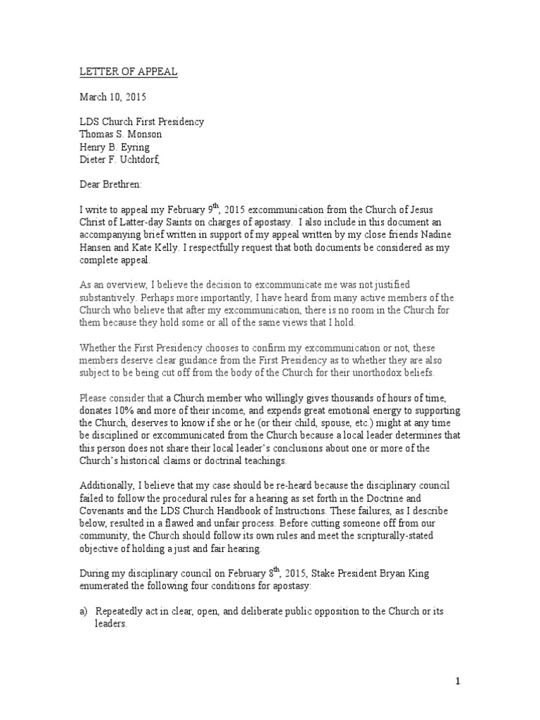 John Dehlin Excommunication Appeal Letter The Church Of Jesus Christ 
