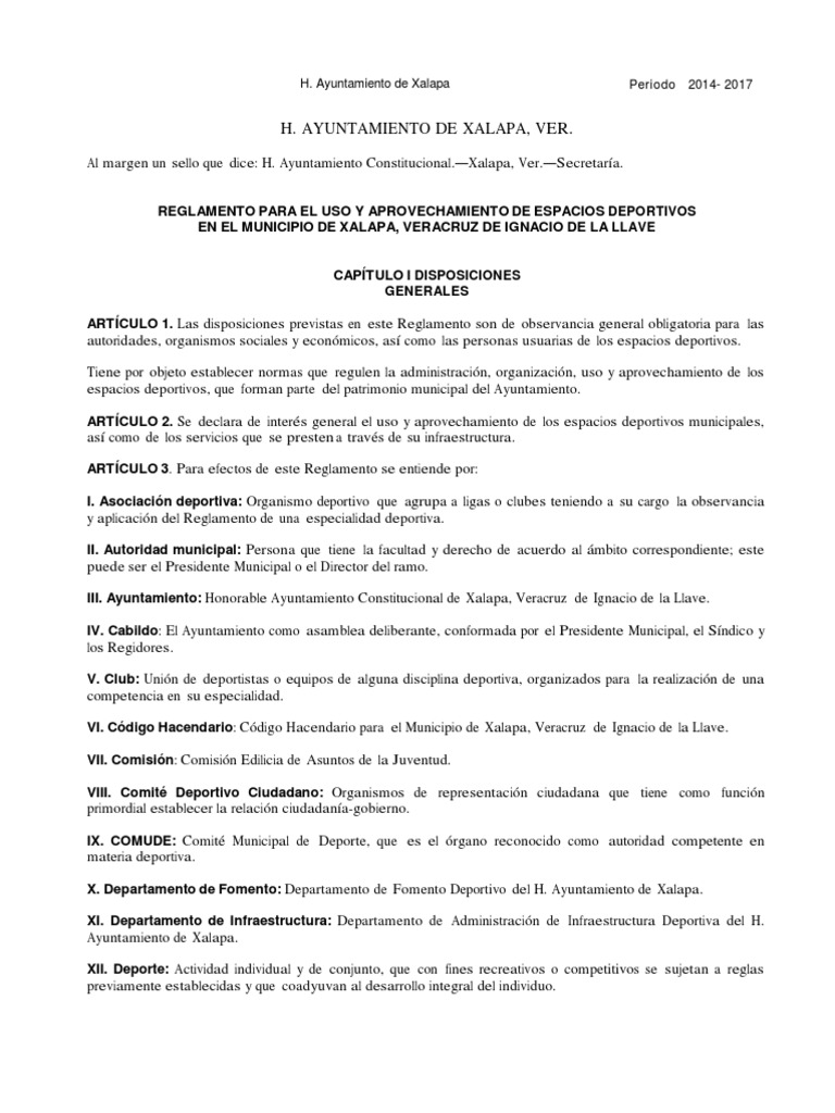 Reglamento para el Uso y Aprovechamiento de Espacios Deportivos en el Municipio de Xalapa