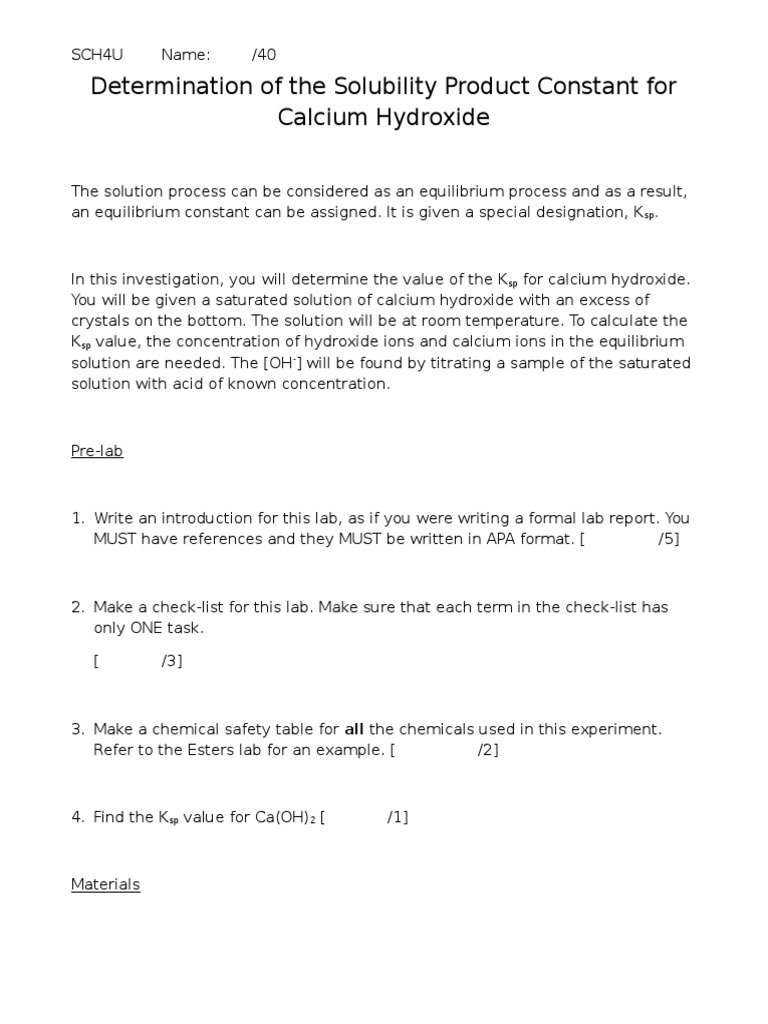Ksp Determination of Calcium Hydroxide | PDF | Titration | Chemistry