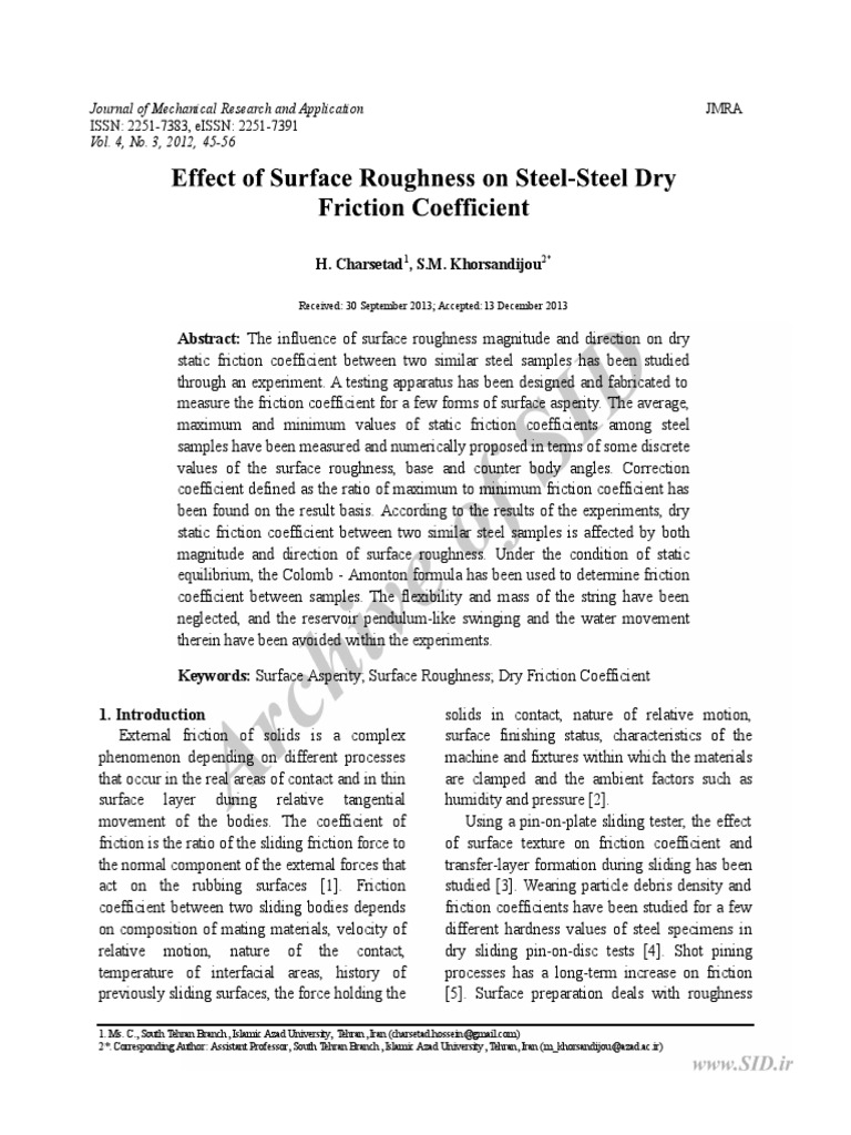 Dry Friction Coefficient Versus Surface Roughness PDF Friction
