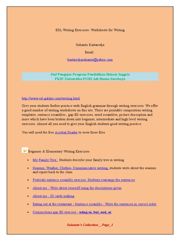 worksheet Esl Pronunciation Worksheets esl writing exercises drs suhanto kastaredja m pd english as a second or foreign language lesson plan