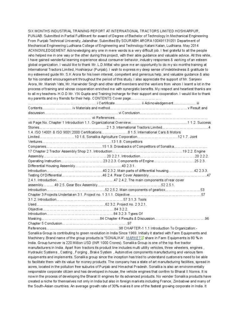 Six Months Industrial Training Report at International Tractors Limited