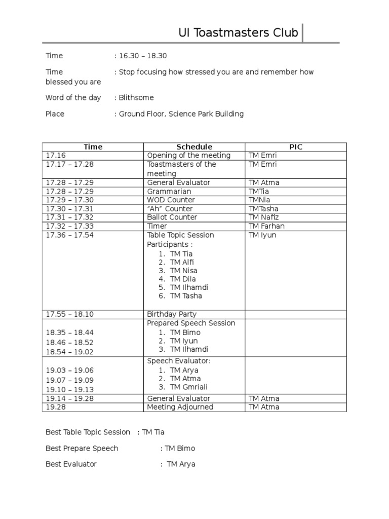 UI Toastmasters Meeting Agenda | PDF | Foreign Language Studies | Art