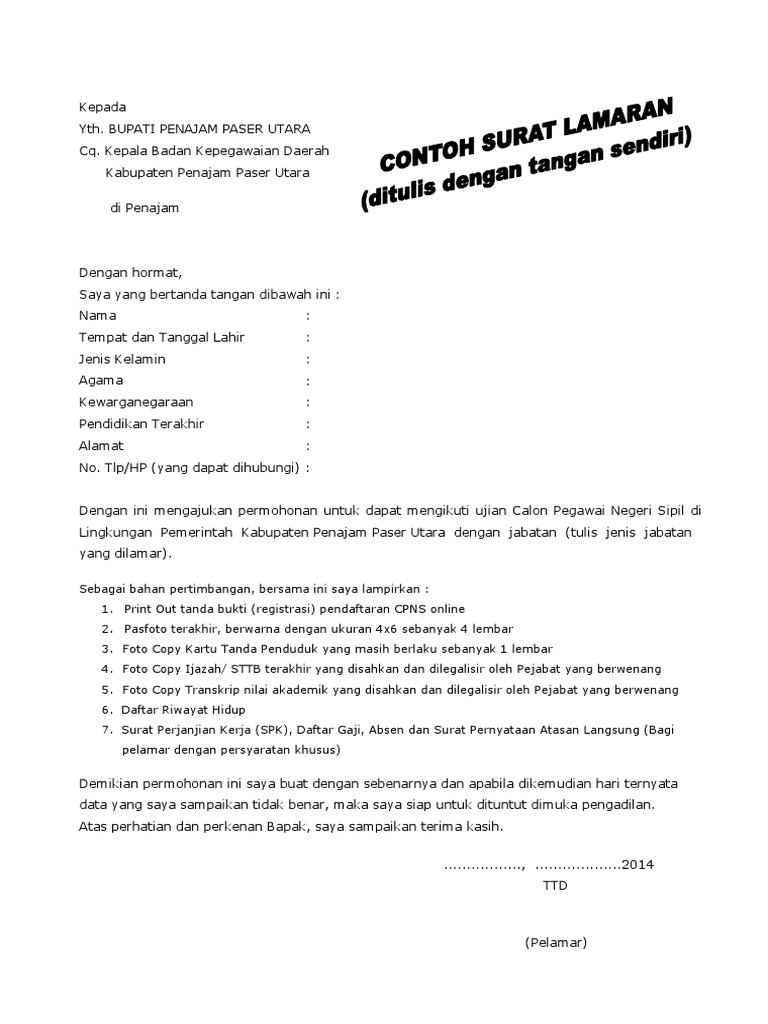 Contoh Surat Lamaran Cpns