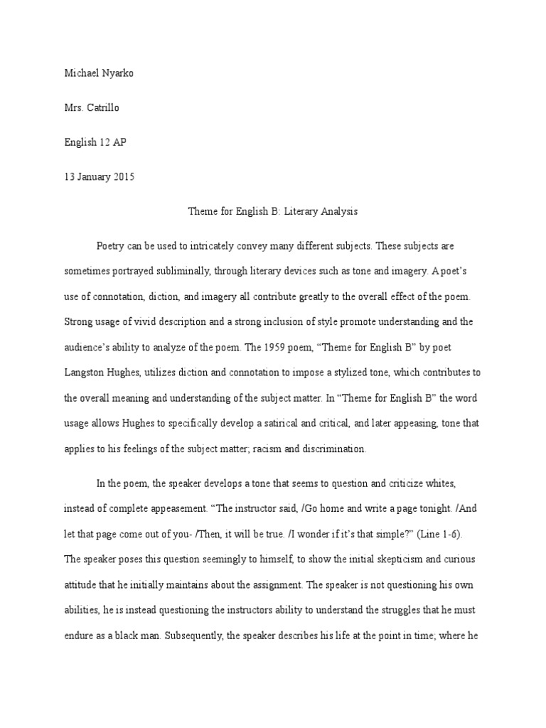 Theme For English B&quot;-Literary Analysis | PDF | Race (Human 