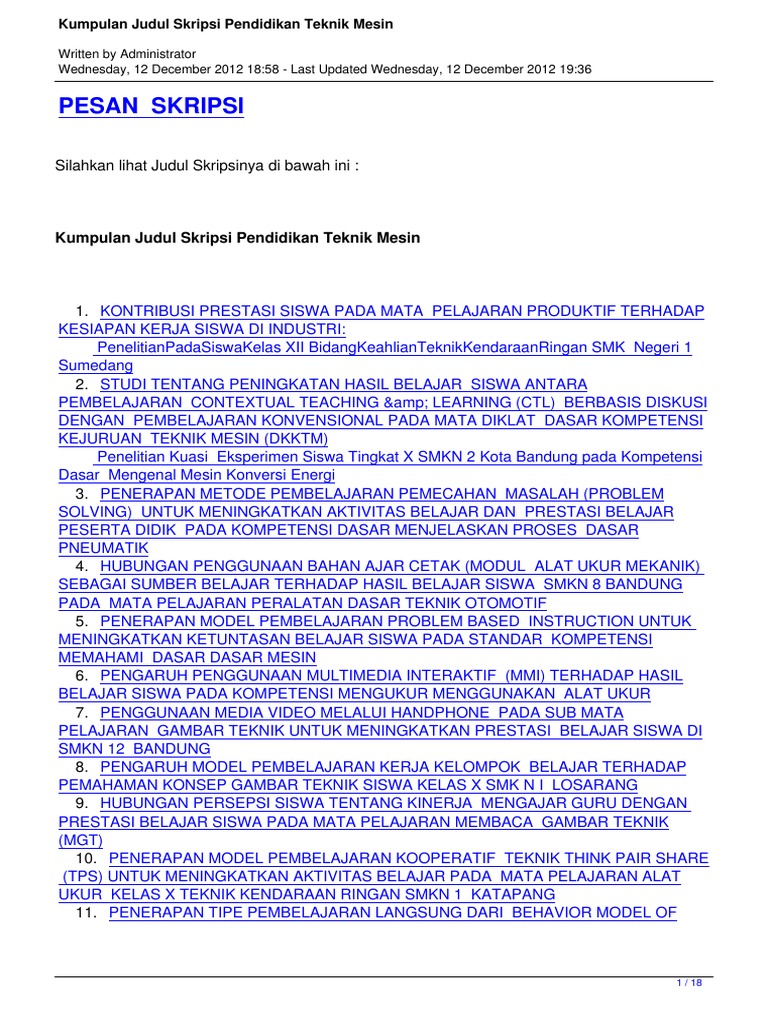 Kumpulan Judul Skripsi Pendidikan Teknik Mesin