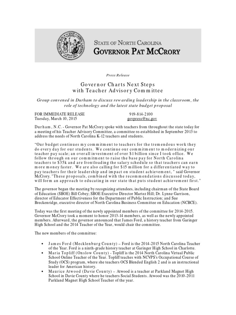 Press Release Governor Charts Next Steps With Teacher Advisory