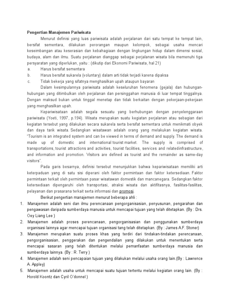 Pengertian Manajemen Pariwisata