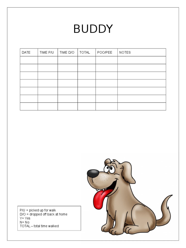 Buddy: Date Time P/U Time D/O Total Poo/Pee Notes | PDF