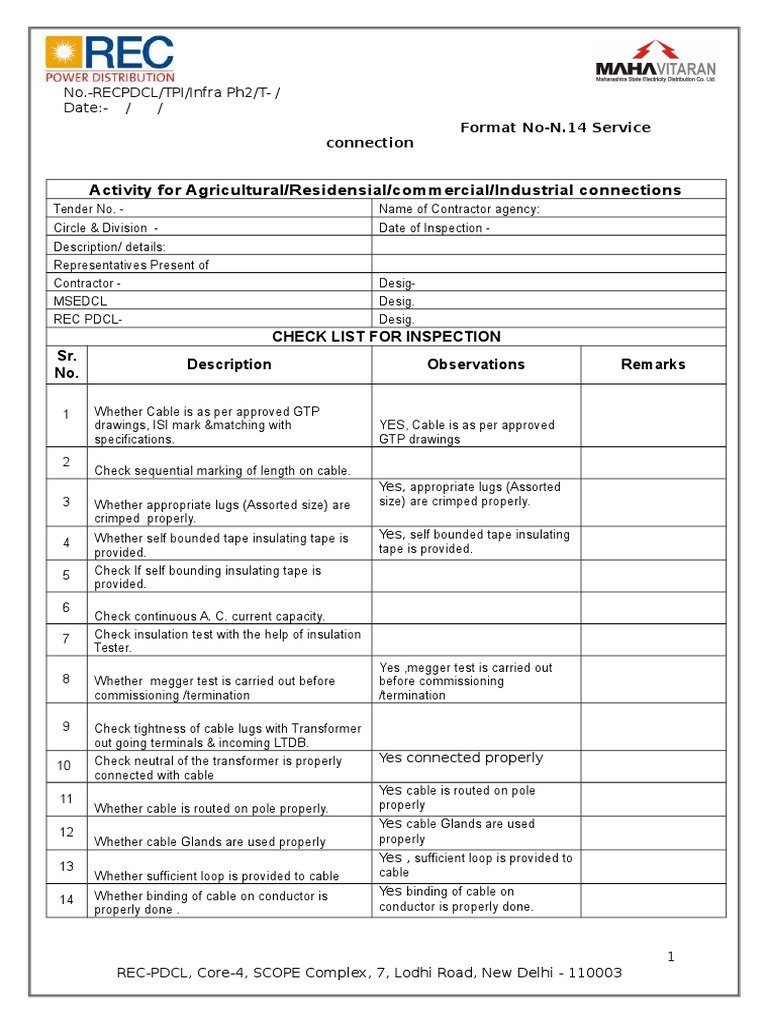 Inspection Checklist for Electrical Connections | PDF