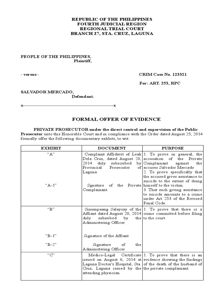 Formal Evidence Offer in Suicide Case | PDF
