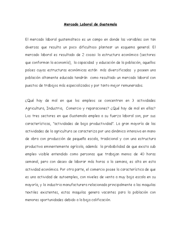 Mercado Laboral de Guatemala Desempleo Pobreza e indigencia