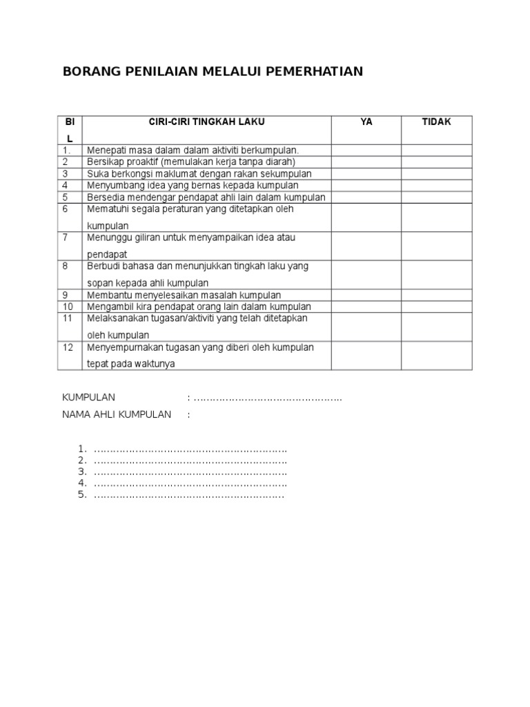 Borang Penilaian Melalui Pemerhatian Pdf