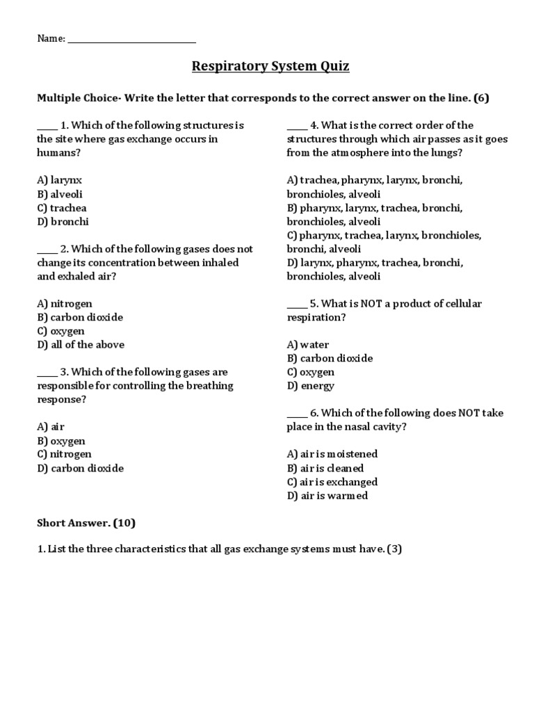 Respiratory System Quiz Respiratory Tract Respiratory System