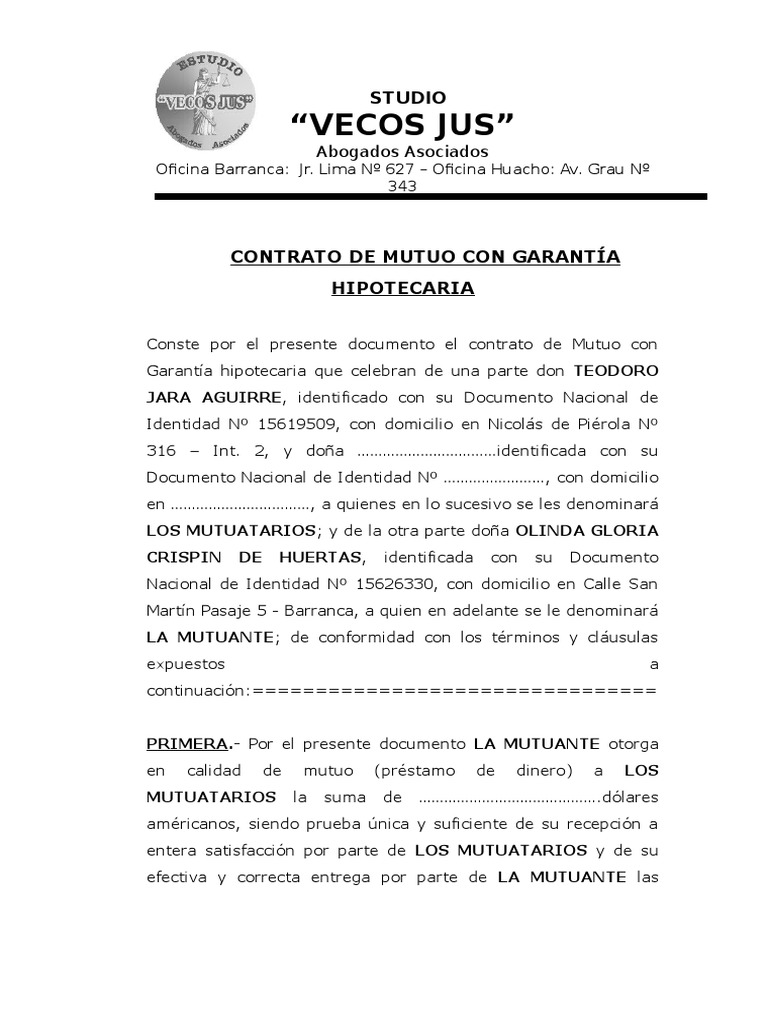 Contrato de Mutuo Con Garantía Hipotecaria Propiedad Gobierno
