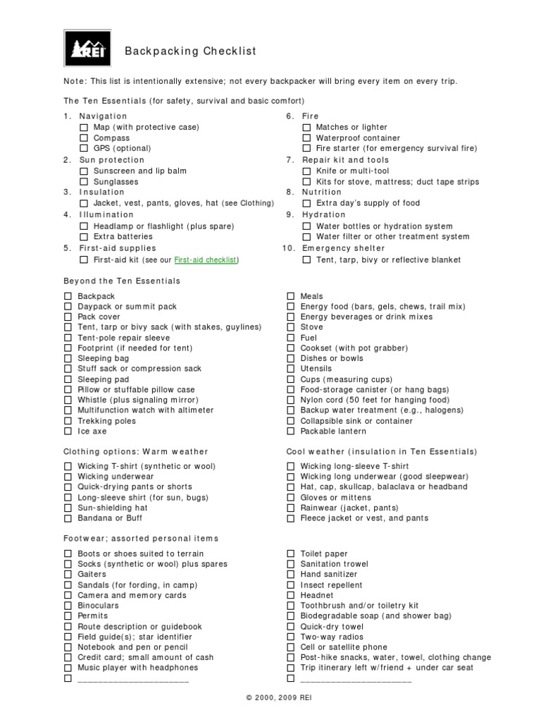 Backpacking Checklist REI | PDF | Home & Garden | Wellness