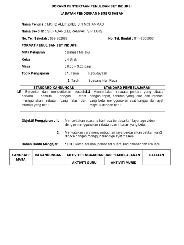 Contoh Set Induksi RPH Bahasa Melayu | PDF | Seni & Disiplin Bahasa