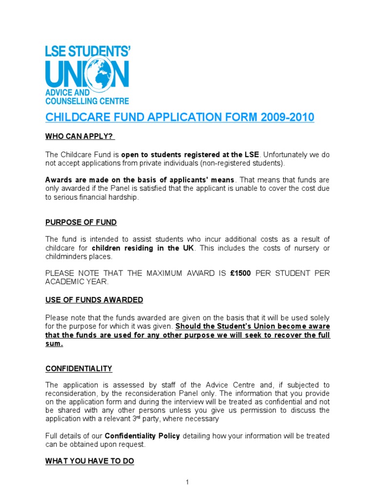 Childcare Fund Application Form | PDF | Fee | Child Care